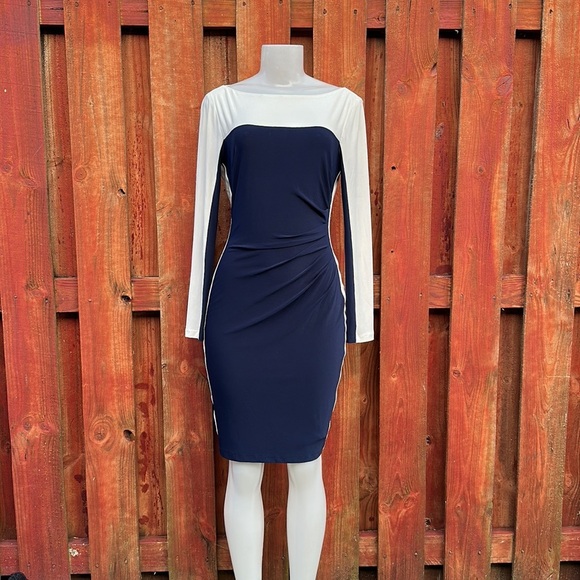 Ralph Lauren Blue Ruched Long Sleeve Bodycon Dress Size 4 - Picture 2 of 11